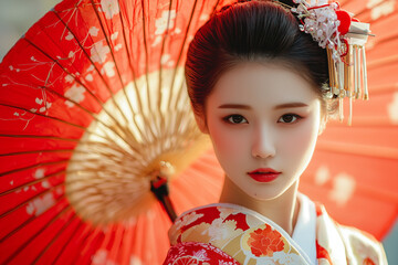 A young woman in a red kimono with a floral parasol, gazing at the camera with a serene expression.