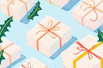 Illustration of a blue festive background with a seamless pattern of gifts Symmetrical arrangement of rustic handmade beige parcels tied with twine Perfect for a holiday themed coloring book