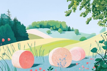 Illustration of hay rolls in a summer landscape with natural scenery and farming elements