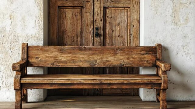 A rustic wooden bench sits in front of a weathered wooden door, providing a place to rest and enjoy the simple things in life