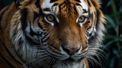 Obraz premium Piercing Gaze: Hyper-Realistic Close-Up of a Tiger’s Face in the Shadows