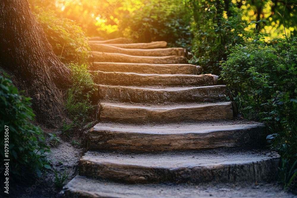 Poster rustic wooden steps leading through lush green forest with sunlight filtering through the trees crea