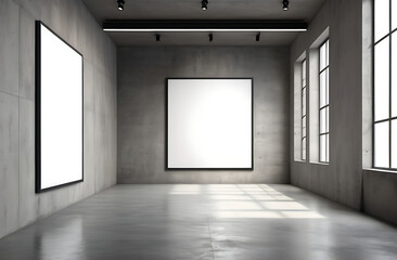 Interior of modern gallery with empty poster on concrete wall. vertical Mock up. Generative AI
