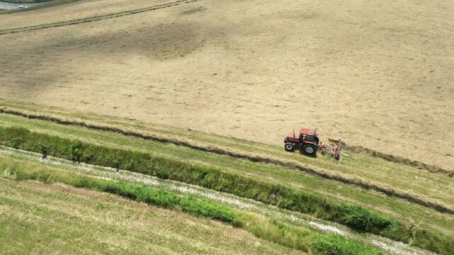 Drone view of a grass tedder is mowing grass in a rural field on a sunny day