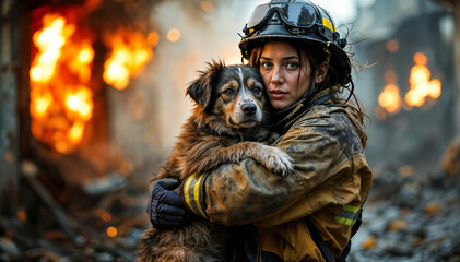 Messy female firefighter holding dirty rescued dog in city street destroyed by earthquake or other natural disaster, with burning flames and debris around. Rescuer finds survivor in ruins, close up