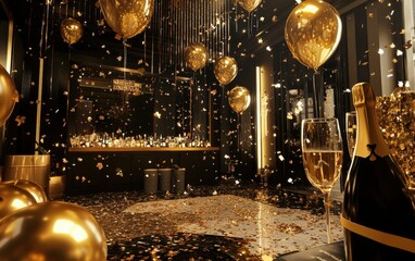 Fototapeta premium Gold and Black Themed New Years Party Room: A beautifully decorated room with gold and black balloons, streamers, and confetti, designed for a chic New Years party
