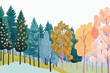 Illustration of a Forest Edge Transitioning into a Green and Yellow Autumn Treeline