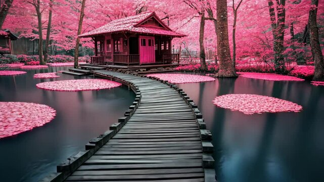 A wooden bridge leads to a small wooden cabin in a serene forest setting, with pink foliage and lily pads decorating the pond