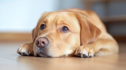A Labrador retriever resting indoors on a wooden floor in the afternoon