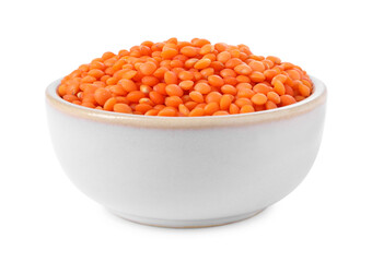 Raw lentils in bowl isolated on white