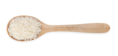 Raw rice in wooden spoon isolated on white, top view