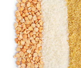 Different cereal grains isolated on white, top view