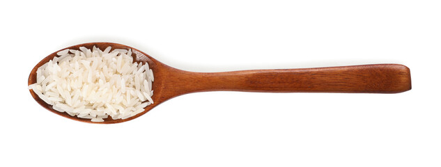 Spoon with raw rice isolated on white, top view