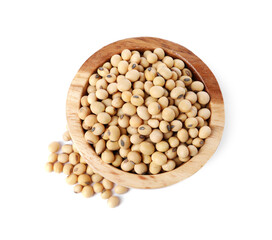 Soy beans in bowl isolated on white, top view