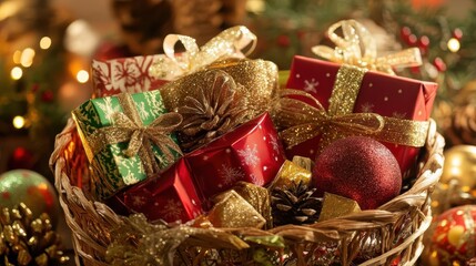 Holiday cheer gift baskets with vibrant packaging, soft lighting, festive atmosphere