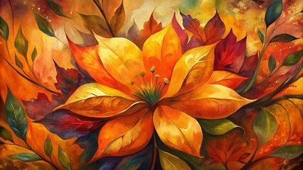 Fototapeta premium Colorful abstract oil painting of autumn flower with orange, red, and yellow leaves. Hand-painted illustration of natural fall design for vintage floral wallpaper background.