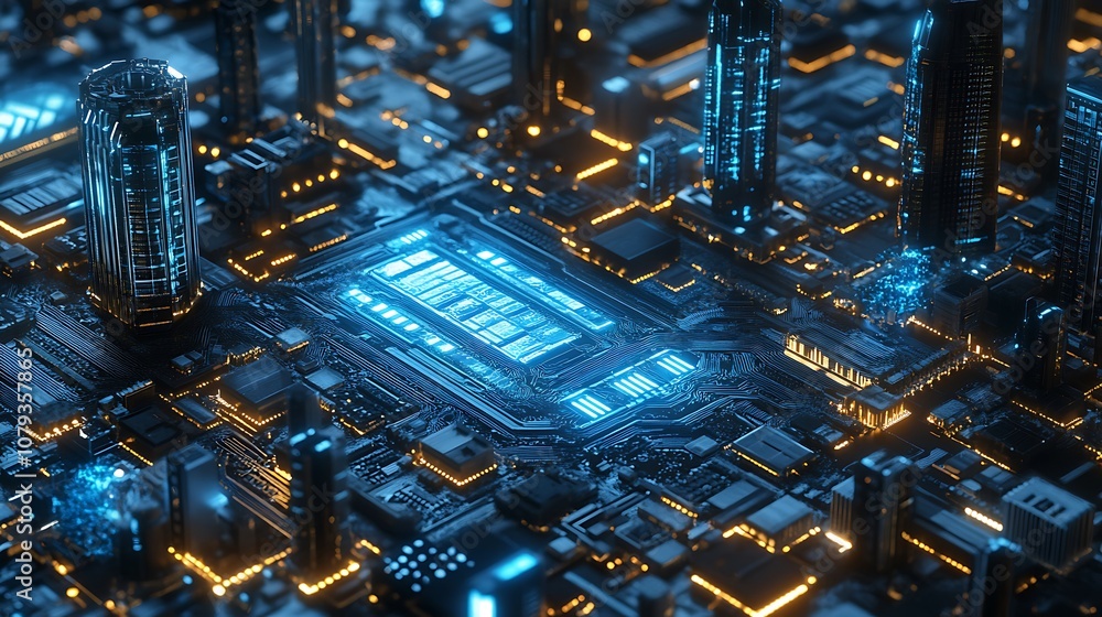 Aufkleber smart city concepts interconnected with digital circuitry and technology networks.