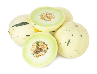 Whole and cut fresh ripe melons isolated on white