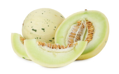 Whole and cut fresh ripe melons isolated on white