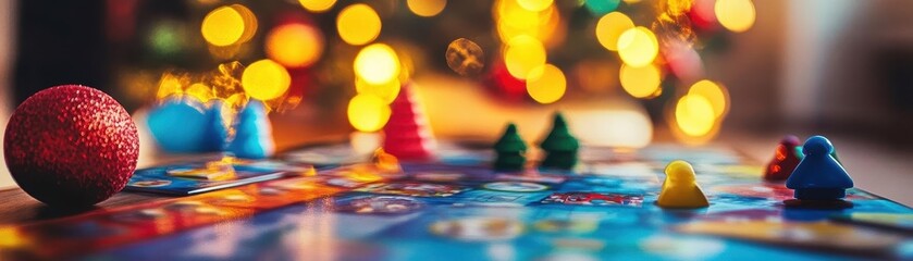 Holiday family games night with vibrant board games, soft lighting, cozy atmosphere