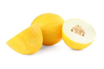Whole and cut ripe melons isolated on white