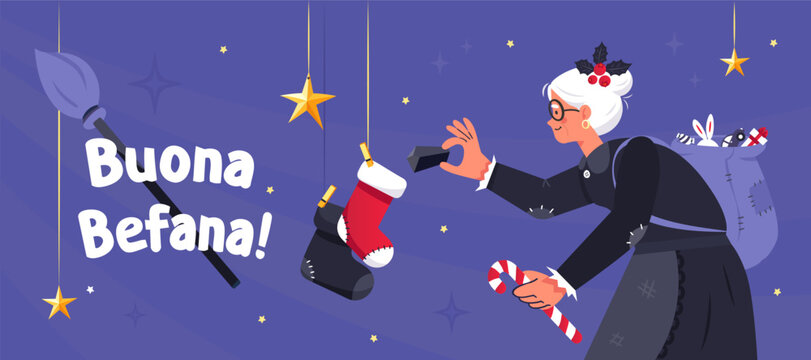 Buona Befana! Text means Happy Befana. Italian old witch fill christmas socks with lump of coal. Eve of the feast of the Epiphany.