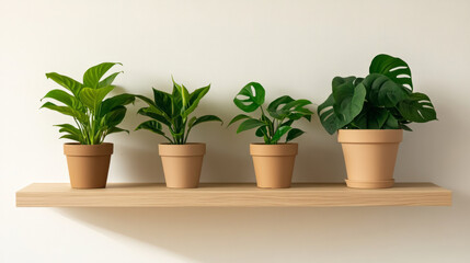 Obraz premium Indoor plants displayed on a wooden shelf, creating a fresh atmosphere