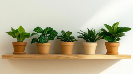 Obraz premium Five potted plants on a wooden shelf in a bright indoor space