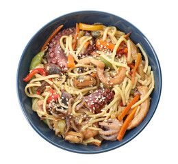Stir-fry noodles with sea food and vegetables in bowl isolated on white, top view