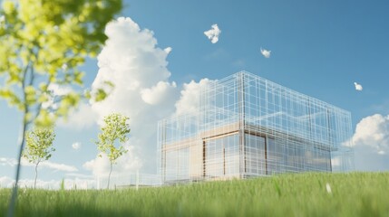 Modern architectural design in a green landscape under clouds.