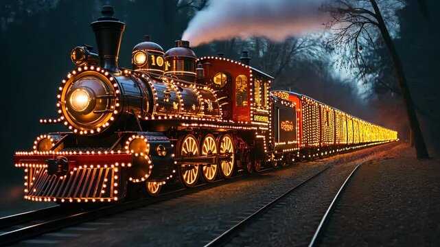 A festive steam engine train is illuminated with twinkling lights, traveling through a dark forest at night