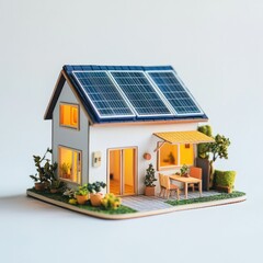 miniature house model with solar panel on roof on white background. smart home energy saving concept