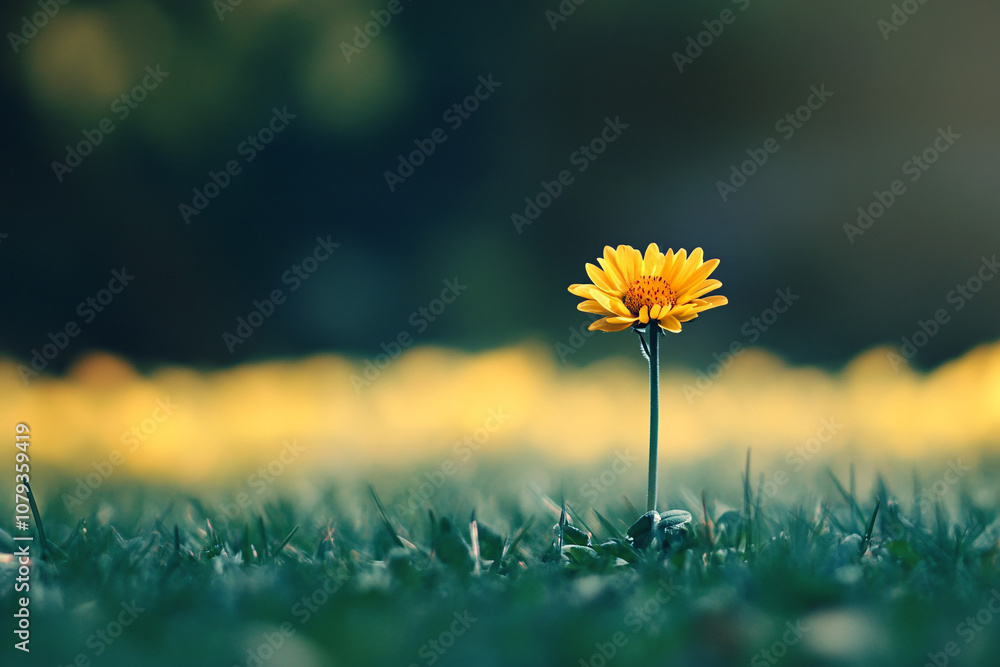 Poster a single yellow flower blooms in a grassy field under soft light with a blurred background creating 