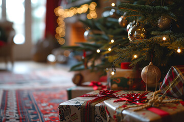 Gift boxes under Christmas tree with garland in living room