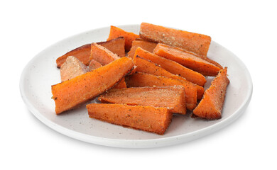 Pieces of tasty baked sweet potato isolated on white