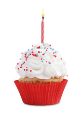 Birthday cupcake with candle isolated on white
