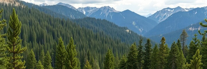 Fototapeta premium Scenic view of dense pine forest in the rugged wilderness mountains, green, natural