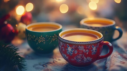 Fototapeta premium Holiday season tea party with vibrant cups, soft lighting, cozy atmosphere