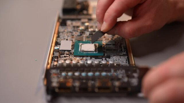 Close-up cropped shot of unrecognizable man applying thermal paste to computer processor during routine computer maintenance ensuring optimal performance and efficiency. Shooting in slow motion.