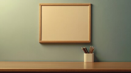 Fototapeta premium Empty frame hanging on green wall with pencils on desk