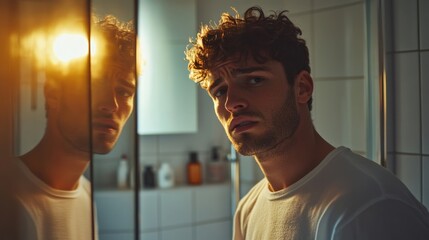A Young Man Stares Thoughtfully into the Bathroom Mirror, Light Reflections Create an Introspective Mood