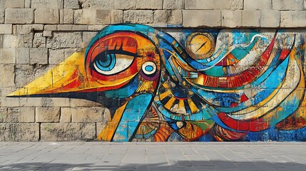 Vibrant urban street art mural featuring abstract human face design