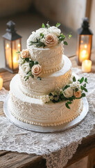 Three-tier wedding cake adorned with roses and greenery, surrounded by lanterns and candles for a warm, rustic celebration.