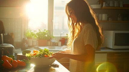 Healthy Cooking in Sunlit Kitchen: Woman Prepares Fresh Salad with Colorful Vegetables and Bright Sunlight Streaming In