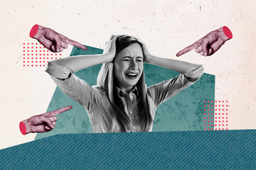 Composite photo collage of unhappy girl scream hands blame bullying pressure hysterics hopelessness...