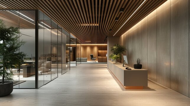 Modern office reception area with wooden ceiling, glass walls, and plants.