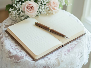 Elegant wedding guestbook with vintage pen on lace-covered table, adorned with soft pink roses.