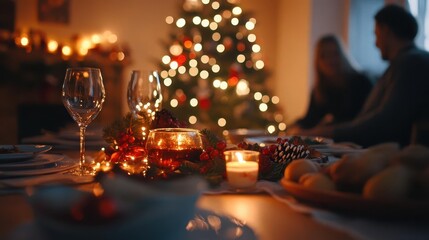 Winter holiday family gathering with vibrant decorations, soft lighting, warm atmosphere