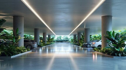 Modern parking garage with natural light, greenery, and sleek design.