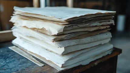 Stack of artisanal paper sheets featuring unique natural imperfections